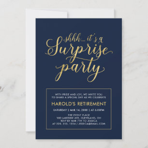Navy & Gold Modern Surprise Retirement Party Invitation