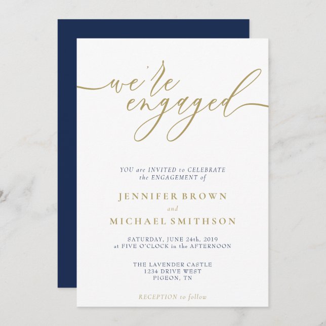 Navy Gold Modern We are Engaged Invitation (Front/Back)