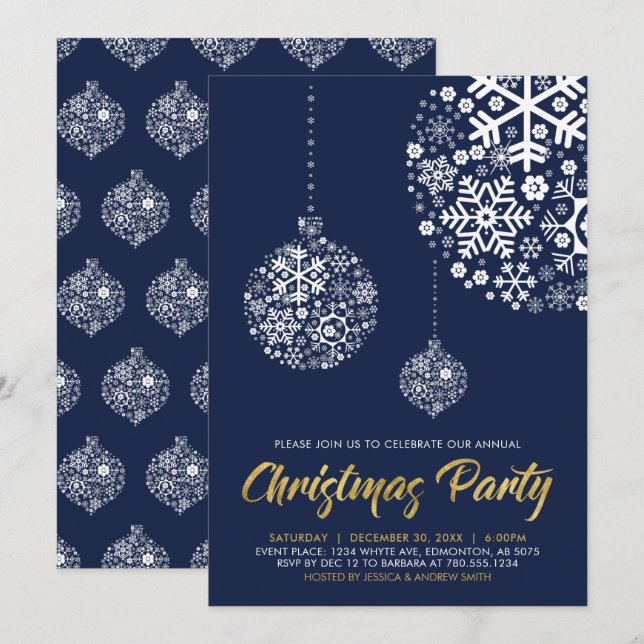 Navy & Gold Modern Winter Holiday Party Invitation (Front/Back)
