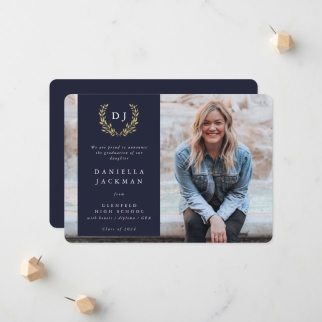 Navy/Gold Monogram Laurel Wreath Graduation Photo Announcement (Front/Back In Situ)