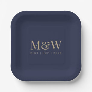 Navy Gold Monogram Modern Blue Wedding Paper Plate