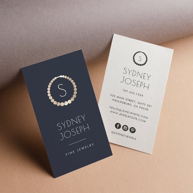 Navy & Gold Monogram Necklace Logo | Jewellery Business Card (Creator Uploaded)