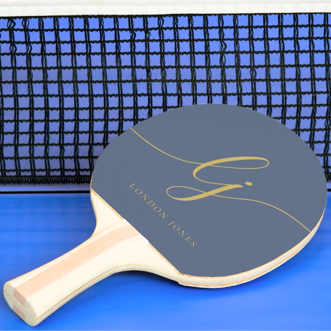 Navy Gold Monogram Script Name Modern Monogrammed Ping Pong Paddle (Creator Uploaded)