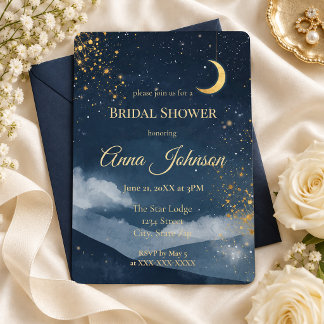 Navy Gold Moon and Stars Celestial Bridal Shower Invitation
