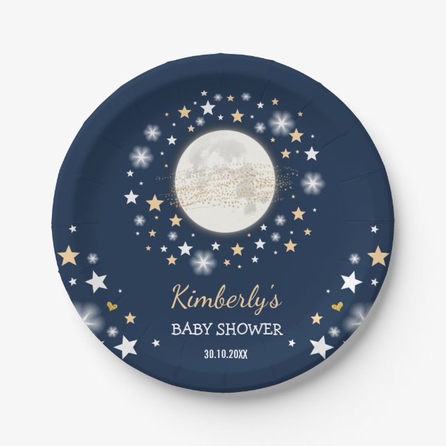 Navy Gold Moon & Stars Baby Shower Twinkle Star Paper Plate (Front)