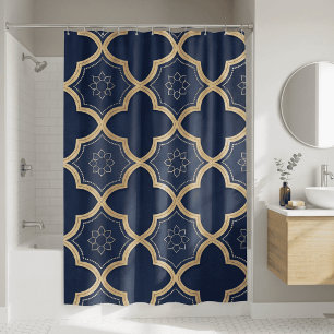 Navy & Gold Moroccan Quatrefoil Geometric Pattern Shower Curtain