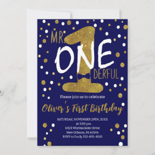 Navy & Gold, Mr.Onederful Birthday, Polka Dots Invitation
