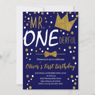 Navy & Gold, Mr.Onederful Birthday, Polka Dots Invitation
