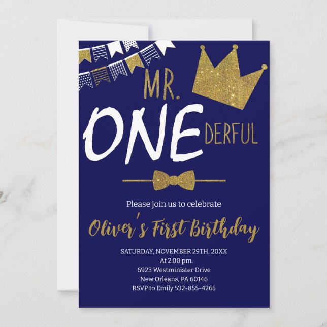 Navy & Gold, Mr.Onederful Invite, Boy 1st Birthday Invitation (Front)