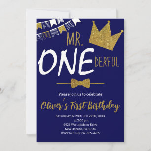 Navy & Gold, Mr.Onederful Invite, Boy 1st Birthday Invitation
