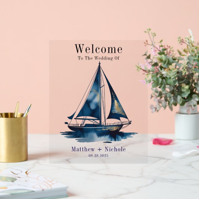 Navy Gold Nautical Boat Gold Wedding Welcome Sign (Wedding)