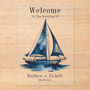 Navy Gold Nautical Boat Gold Wedding Welcome Sign Acrylic Invitations