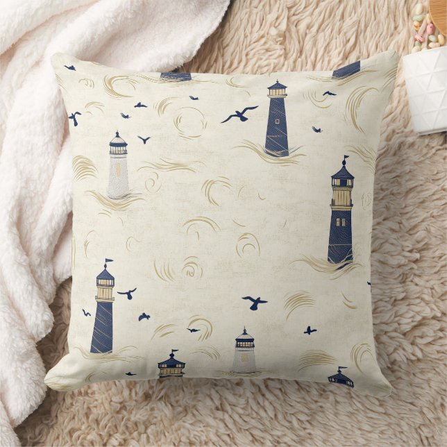 Navy Gold Nautical Lighthouse Coastal Pattern Cushion (Blanket)