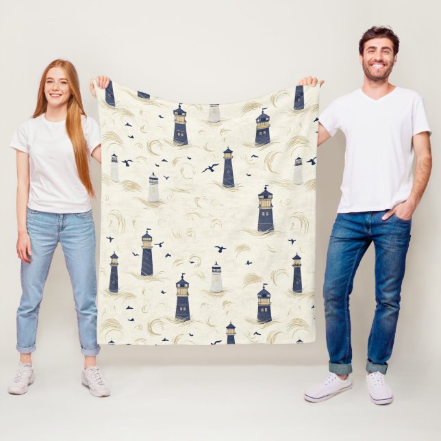 Navy Gold Nautical Lighthouse Coastal Pattern Fleece Blanket (In Situ)