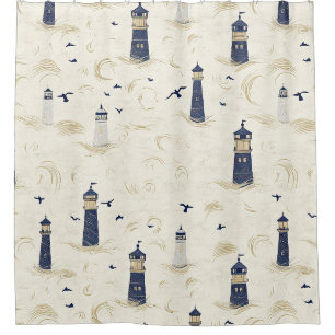 Navy Gold Nautical Lighthouse Coastal Pattern Shower Curtain