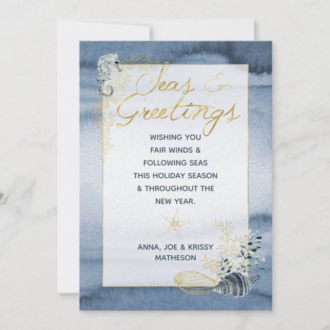 Navy & Gold Nautical Seas & Greetings Christmas Holiday Card (Front)