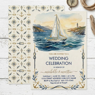 Navy & Gold Nautical Wedding   Sailboat Wedding    Invitation
