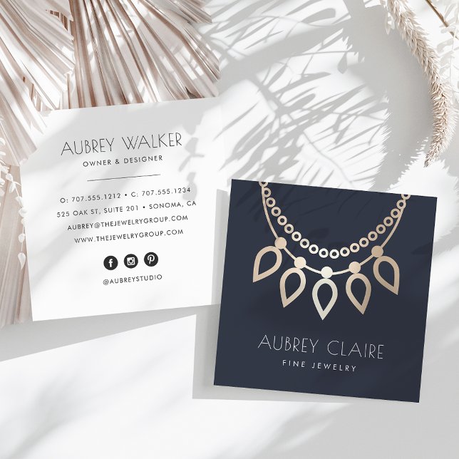 Navy & Gold Necklace Jeweler Logo Square Business Card (Creator Uploaded)