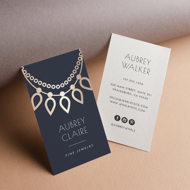 Navy & Gold Necklace Logo | Jewellery Designer Business Card (Creator Uploaded)