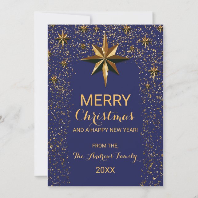 Navy Gold North Star Glitter Confetti Christmas Holiday Card (Front)