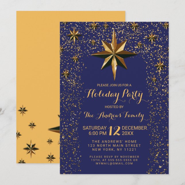 Navy Gold North Star Glitter Confetti Holiday Invitation (Front/Back)
