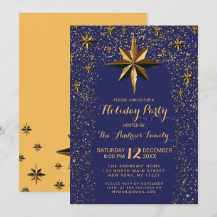 Navy Gold North Star Glitter Confetti Holiday Invitation