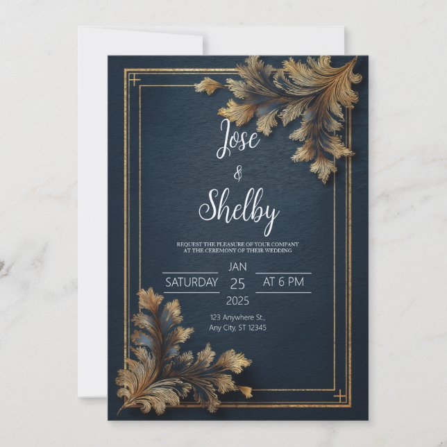 Navy Gold Ornate Floral Wedding Invitation (Front)