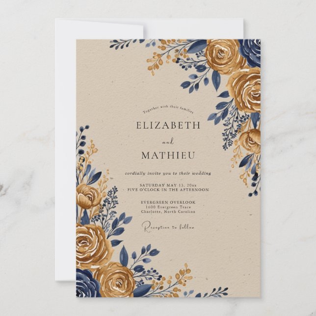 Navy Gold Ornate Rustic Wedding Invitation (Front)
