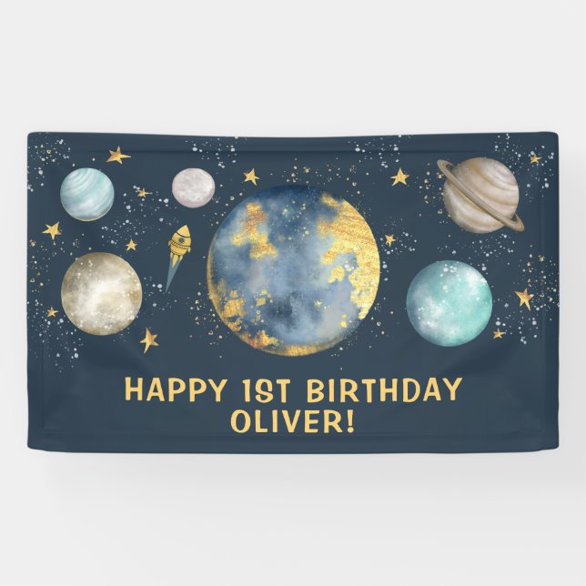 Navy Gold Outer Space Galaxy Moon Stars Birthday Banner (Horizontal)