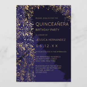 Navy Gold Paint Splatter Brushstroke Quinceañera Invitation