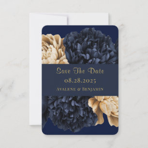 Navy Gold Painted Peony Wedding Save the Date Card