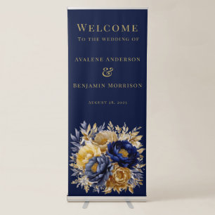 Navy Gold Painted Peony Wedding Welcome Retractable Banner