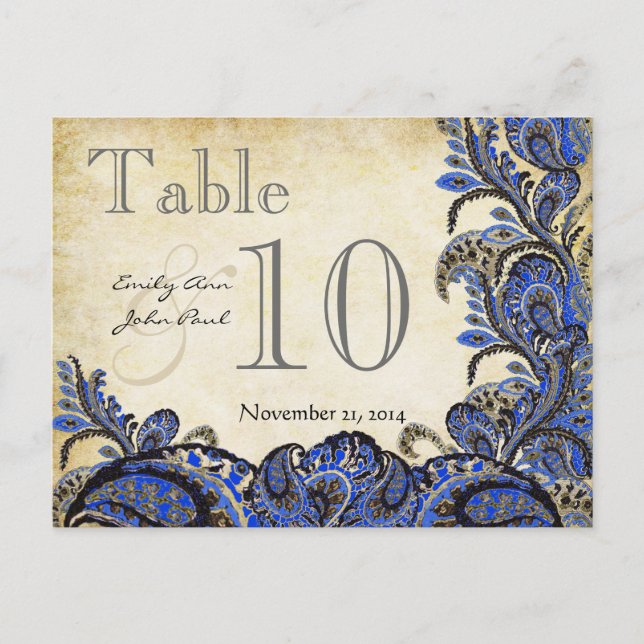 Navy Gold Paisley Wedding Table Number Postcard (Front)