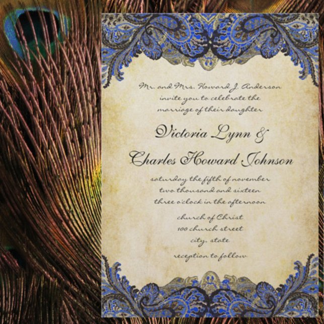 Navy & Gold Paisly Peacock Wedding Invitation (Creator Uploaded)