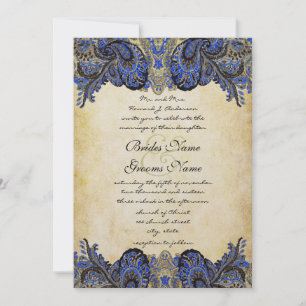 Navy & Gold Paisly Peacock Wedding Invitation