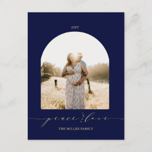 Navy & Gold Peace and Love Christmas Photo Holiday Postcard