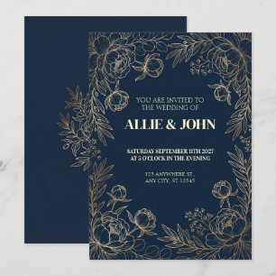 Navy Gold Peony Border Wedding Invitation