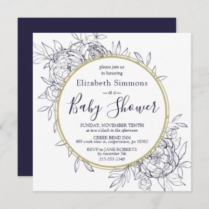 Navy & Gold Peony Modern Floral Toile Baby Shower Invitation