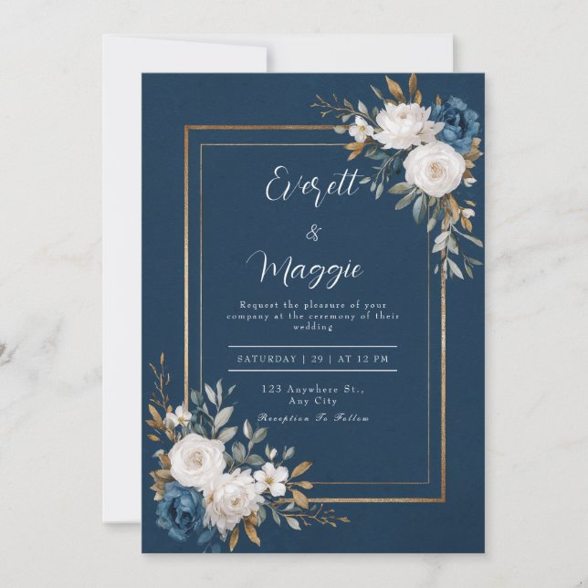 Navy & Gold Peony Wedding Invitation (Front)