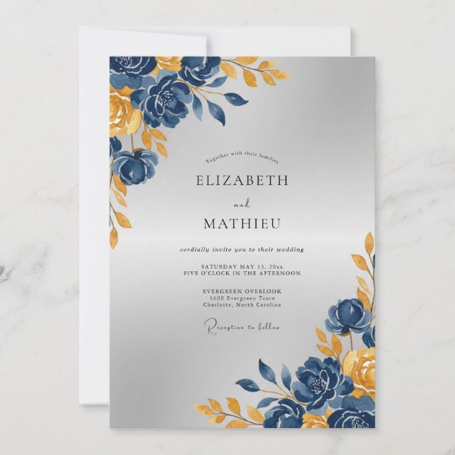 Navy Gold Peony Wedding Invitation (Front)