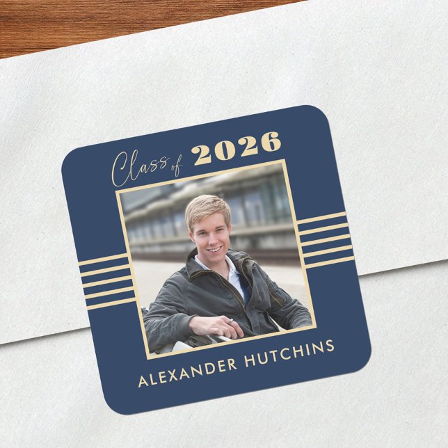 Navy Gold Photo Frame 2026 Graduate Square Sticker (Creator Uploaded)