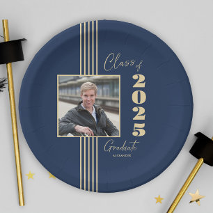Navy Gold Photo Frame Class of 2025 Graduation Paper Plate