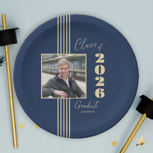 Navy Gold Photo Frame Class of 2026 Graduation Paper Plate