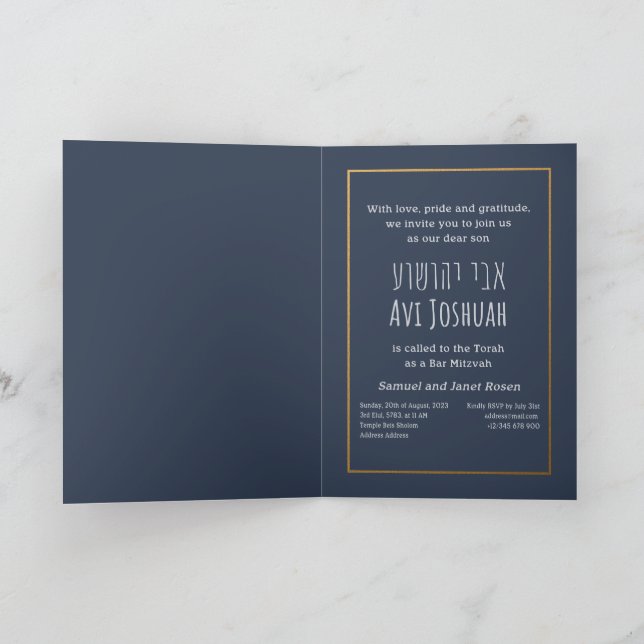 Navy, Gold & Photo Hebrew Bar Mitzvah Invitation (Inside)