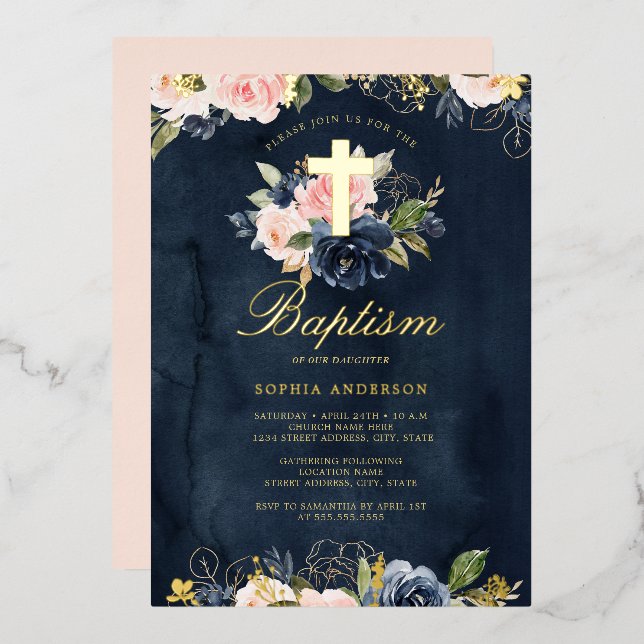 Navy Gold Pink Floral Baptism  (Front/Back)