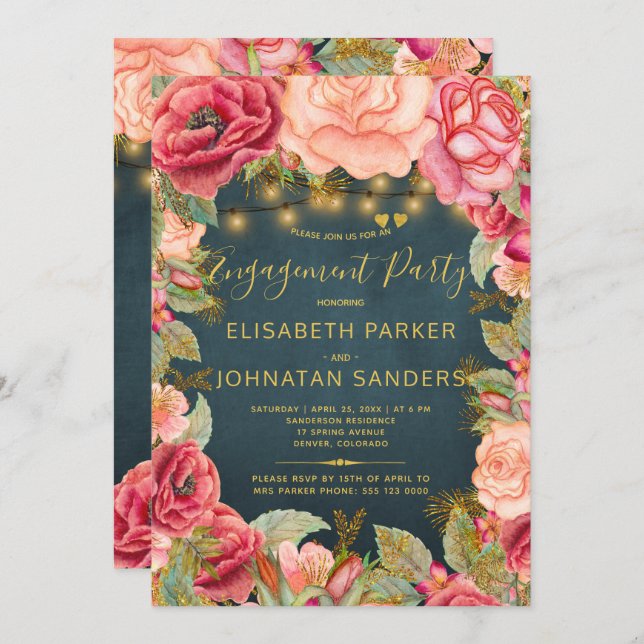 Navy gold pink roses lights engagement party invitation (Front/Back)