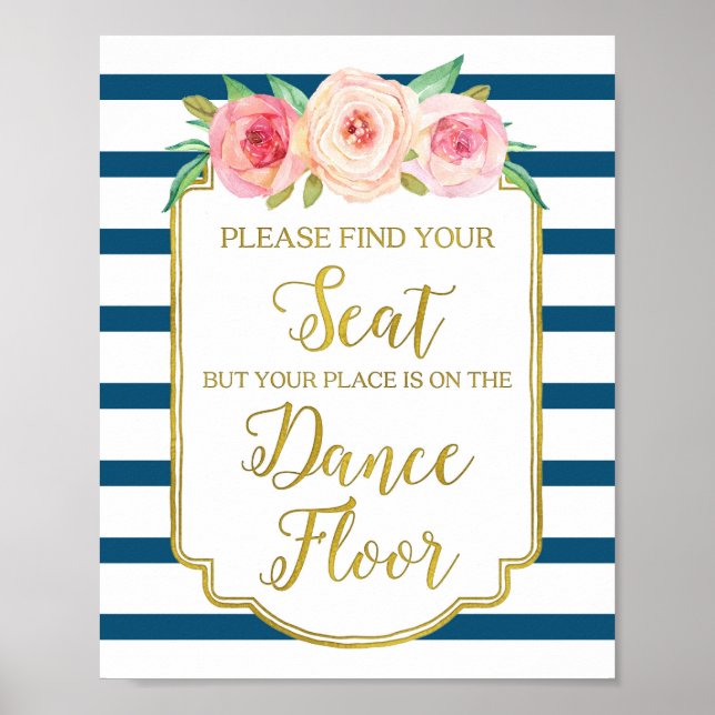 Navy Gold Pink Watercolor Floral Wedding Sign (Front)
