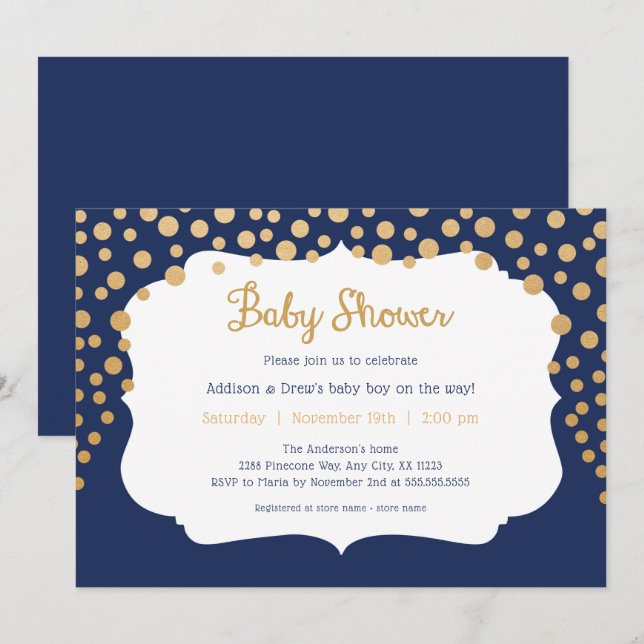 Navy gold polka dot boy baby shower invitations (Front/Back)