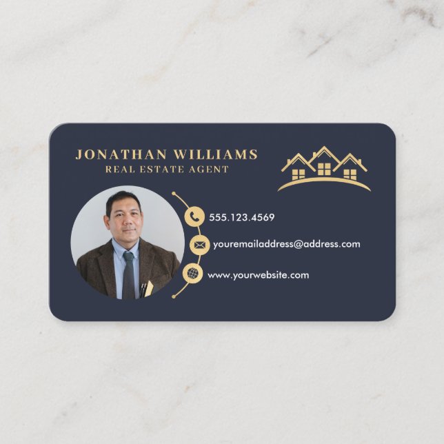 Navy & Gold Professional Real Estate Photo  Business Card (Front)