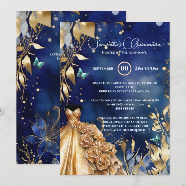 Navy gold Quinceañera butterfly ballgown flowers Invitation (Front/Back)